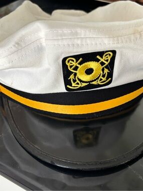 White Captain's Hat with Gold Anchor Patch and Yellow Trim